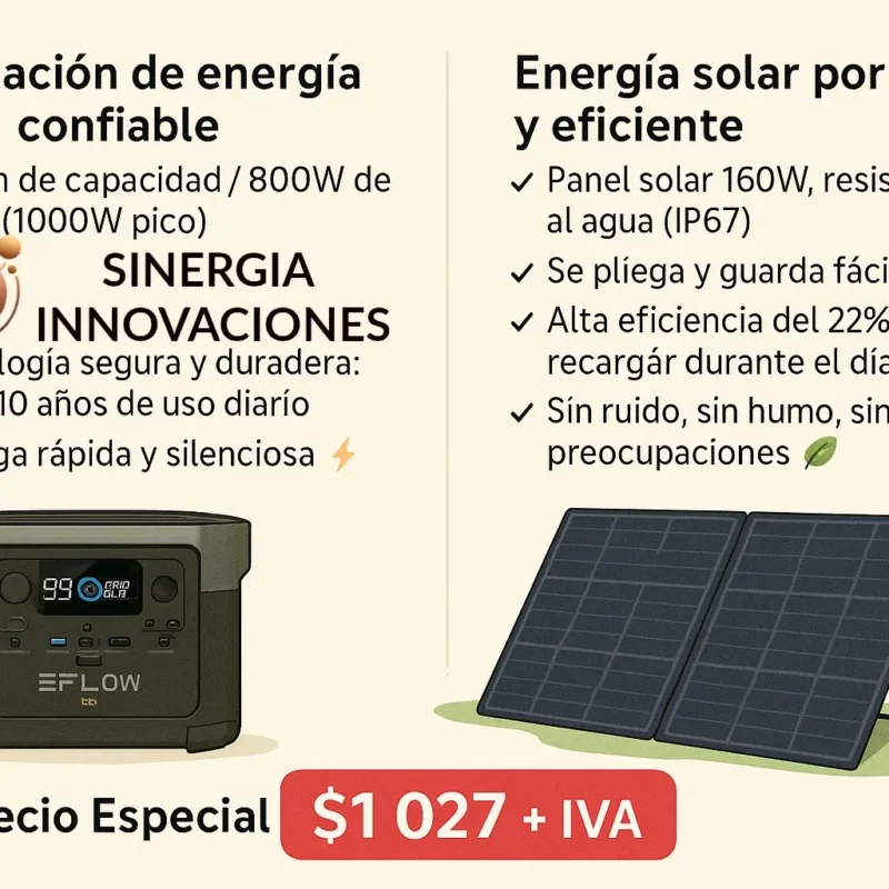 Respaldo de energía con energía solar, portátil y eficiente. Panel solar 160W resistente al agua y una estación de energía co capacidad 716Wh y 800W de salida...